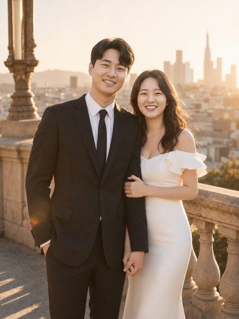 도심 골든아워 발코니 AI 웨딩스냅 결과